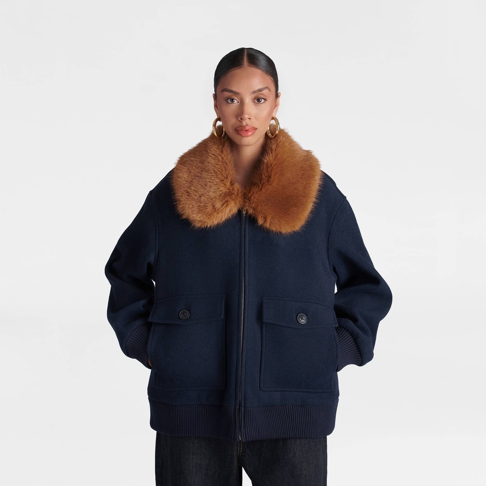 KBB by KAHLANA Target XL Extra Large The Faux Fur Collar Bomber Coat Jacket Navy